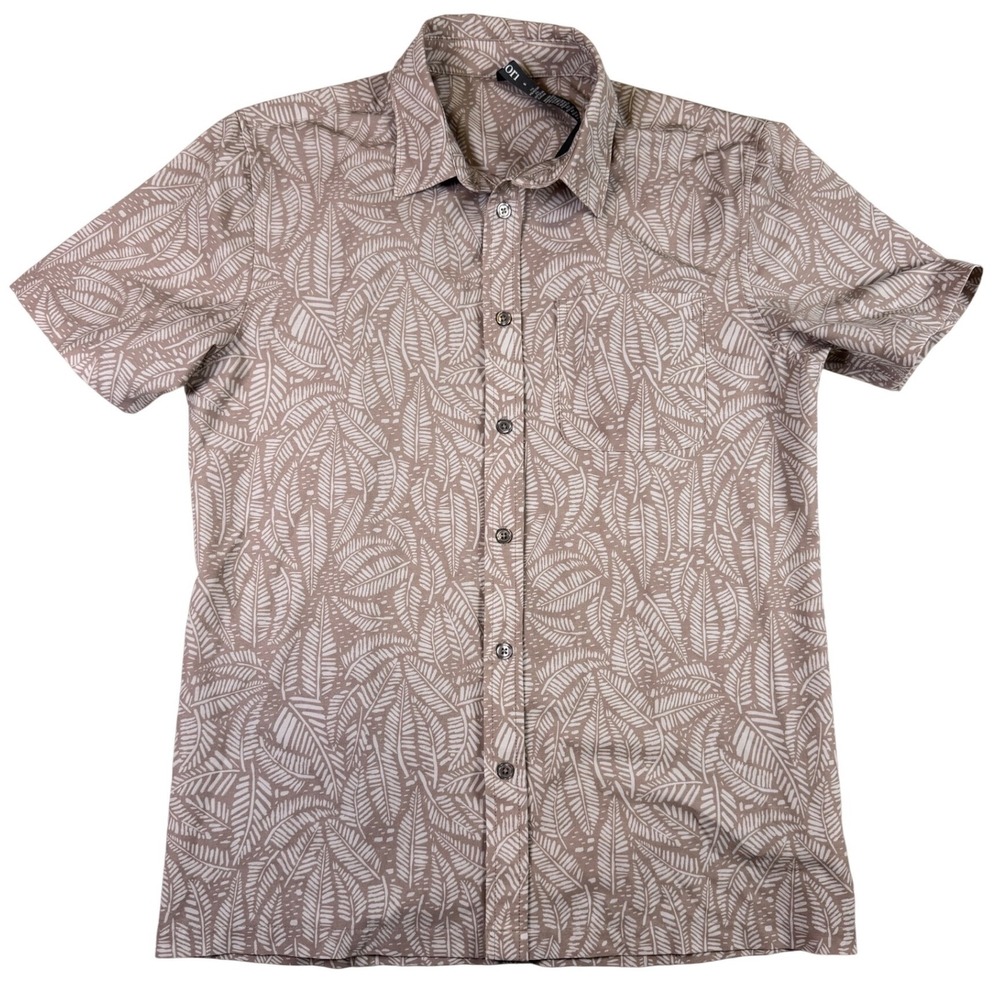Vuori Mens Short Sleeve Button Down Shirt Tan White Leaf Tropical Stretch Small